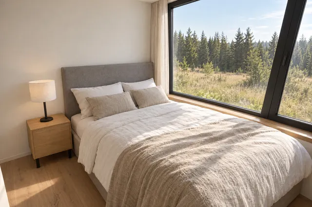 LIND interior: bedroom with wall-to-wall window
