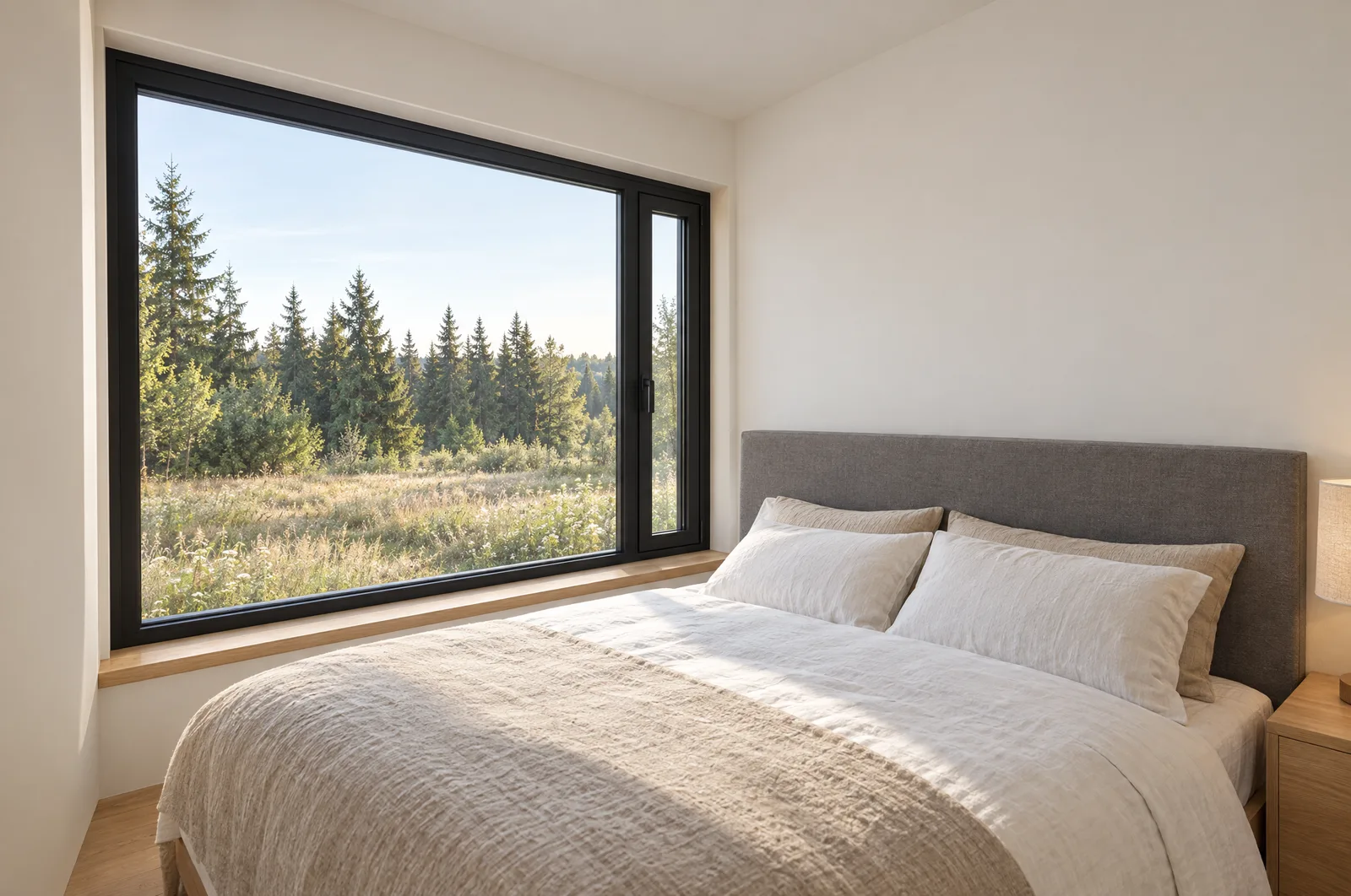 LIND Offset interior: bedroom 1 with wall-to-wall window