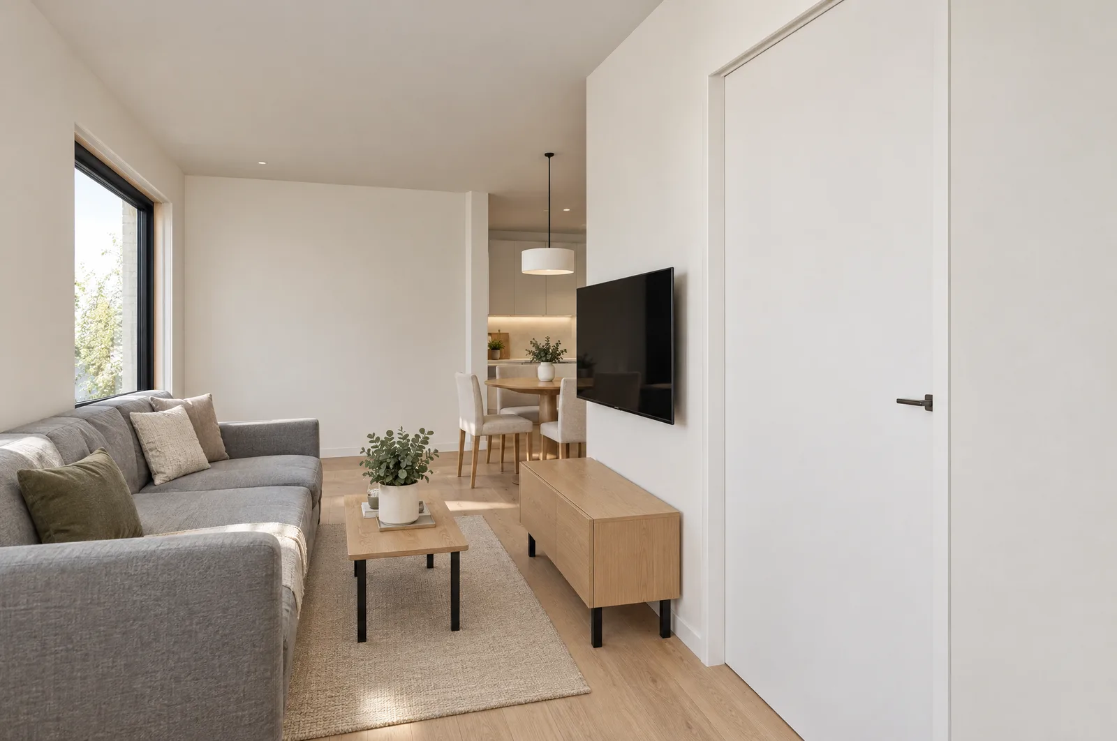 LIND Offset interior: round dining table, sofa and TV