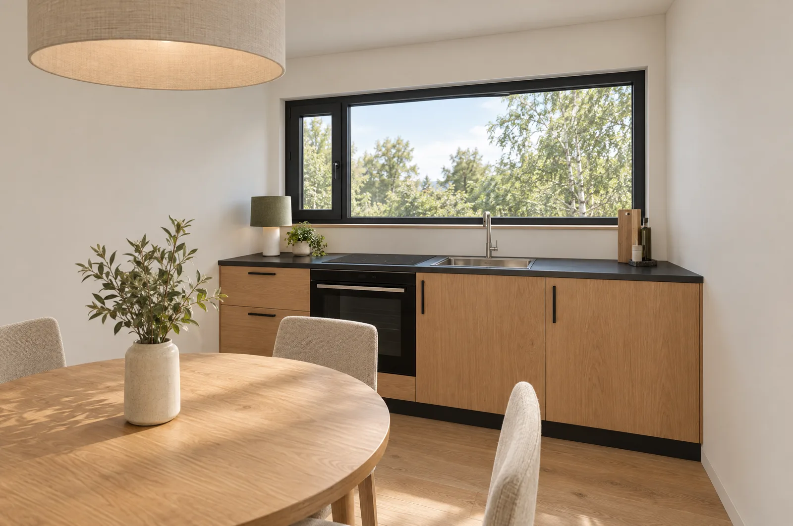 LIND Offset interior: kitchen under a full-width window