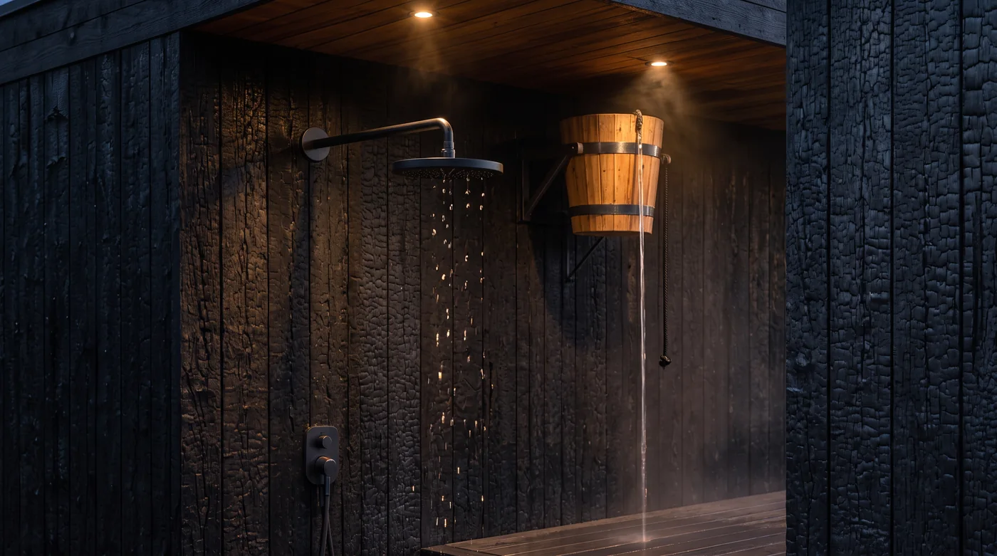Still render: the tipping cold-water bucket and rain shower on the charred-timber wall