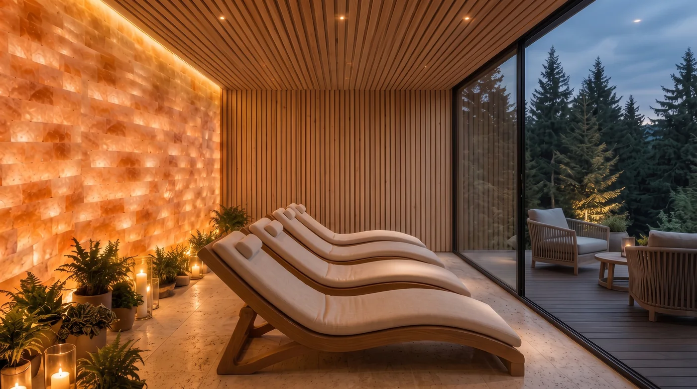 Render of the salt room: back-lit Himalayan salt brick wall on the left, glass wall to the right onto the deck, loungers on travertine