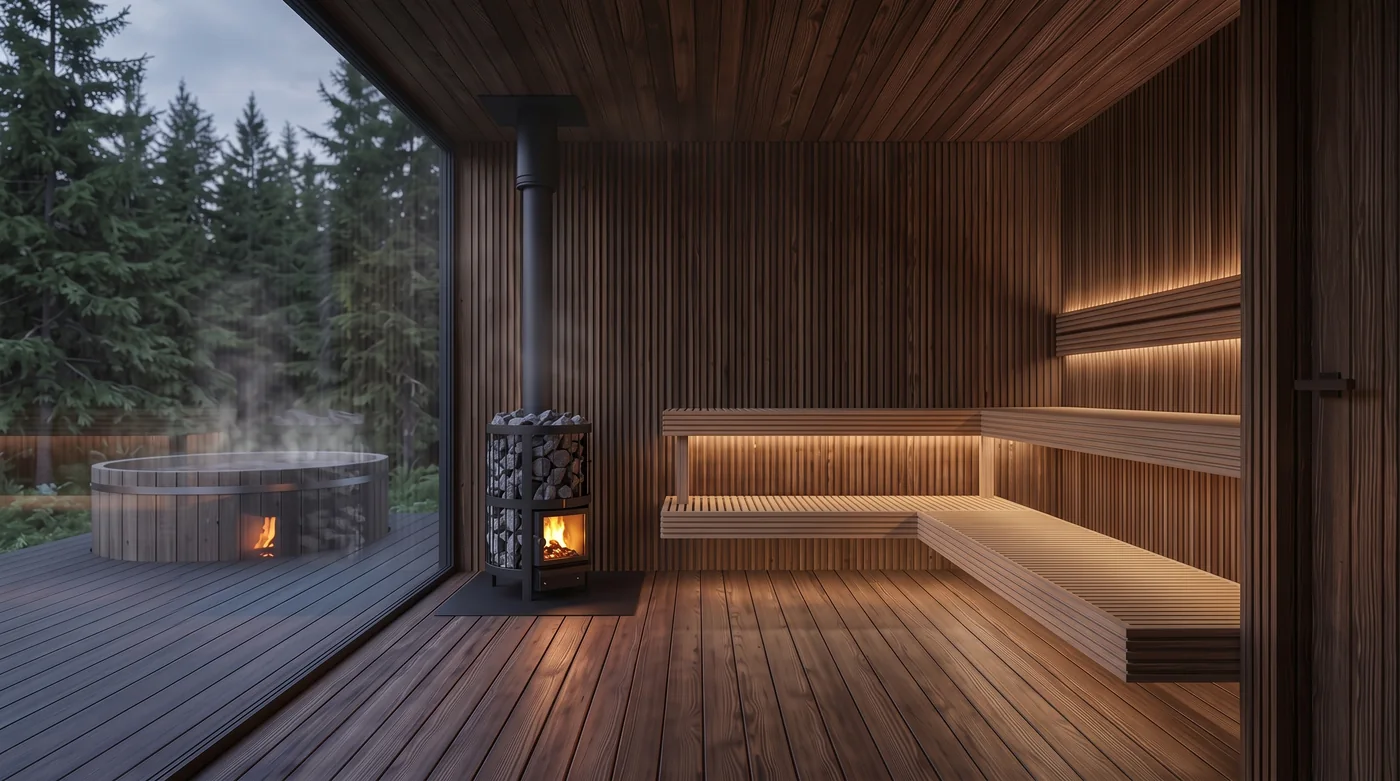 Render of the sauna room: solid thermo-treated pine panelling ahead, two-tier abachi benches to the right with warm LED beneath, glass wall to the left