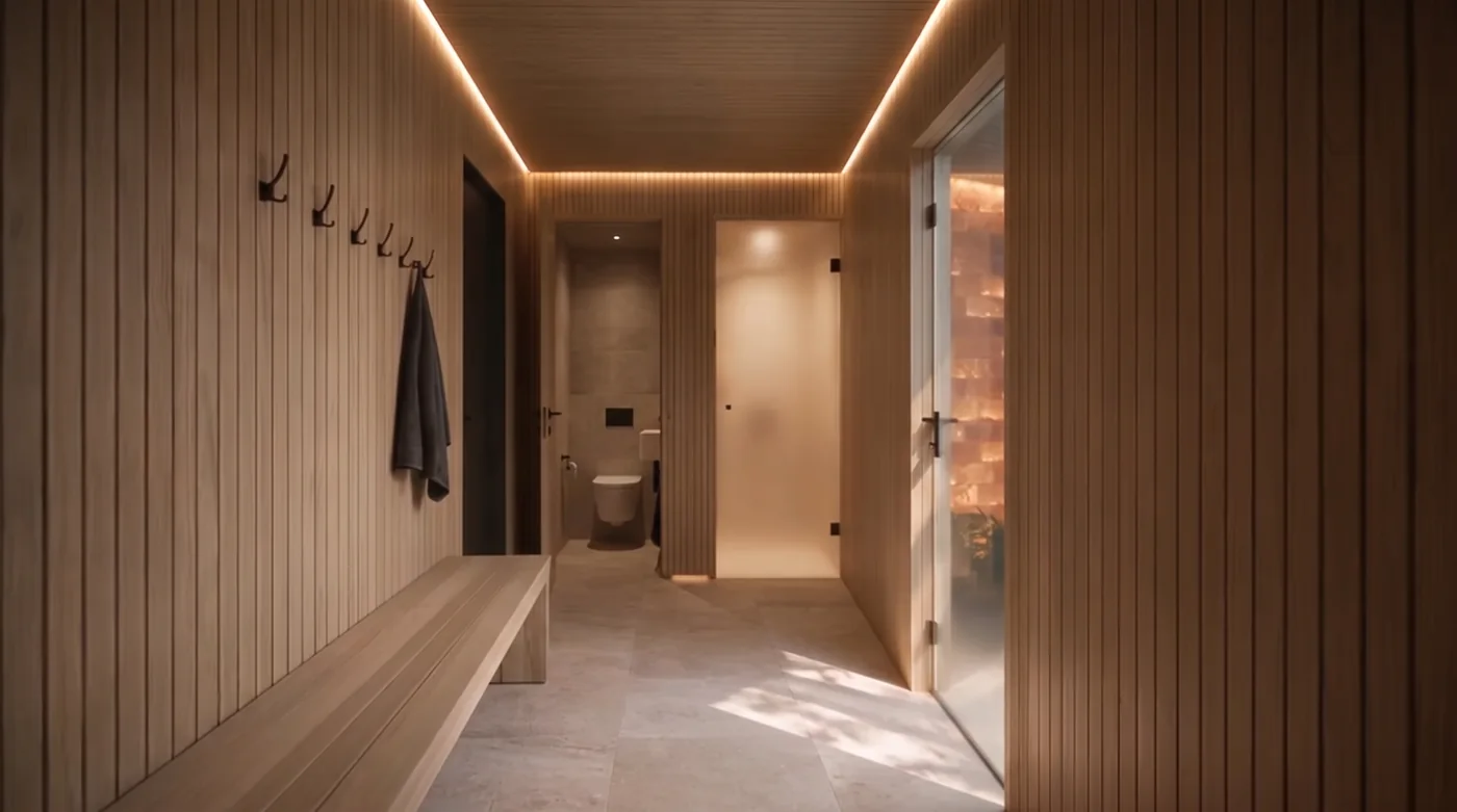 Render of the changing room: bench and hooks on the left, opaque shower and toilet ahead, salt-room door on the right