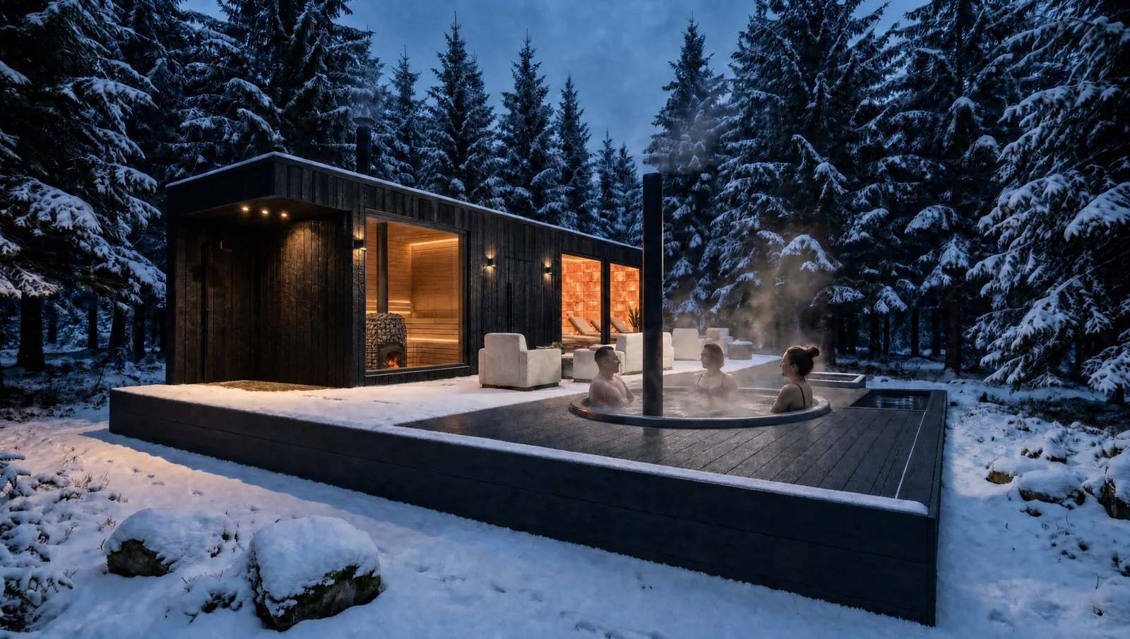 Winter, at dusk, with the hot tub