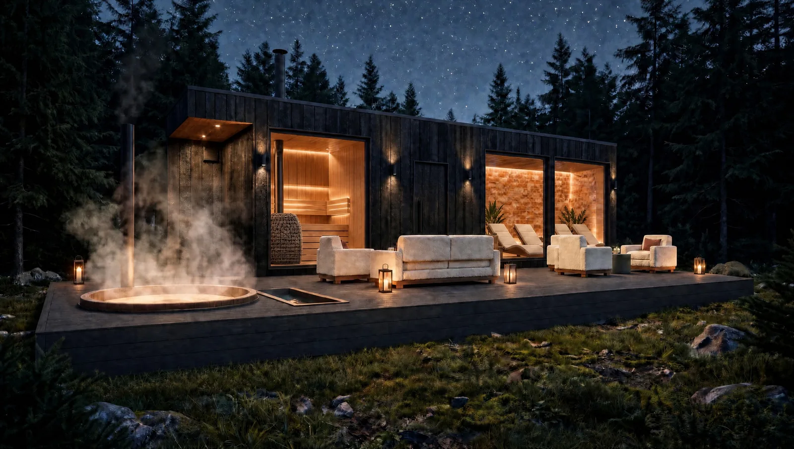 The Wellness Unit at night in a spruce forest, with the hot tub