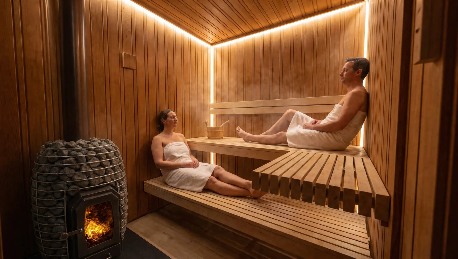 The sauna with the HUUM HIVE stove and two-level abachi benches