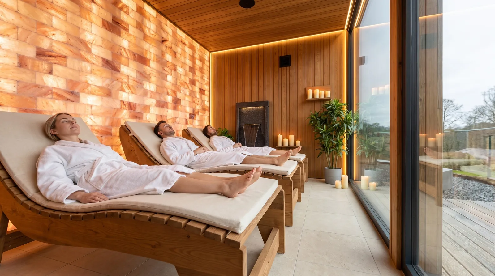 The salt room with its salt wall and wooden loungers