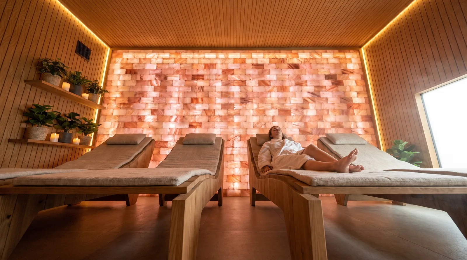 The Himalayan salt wall, lit from behind