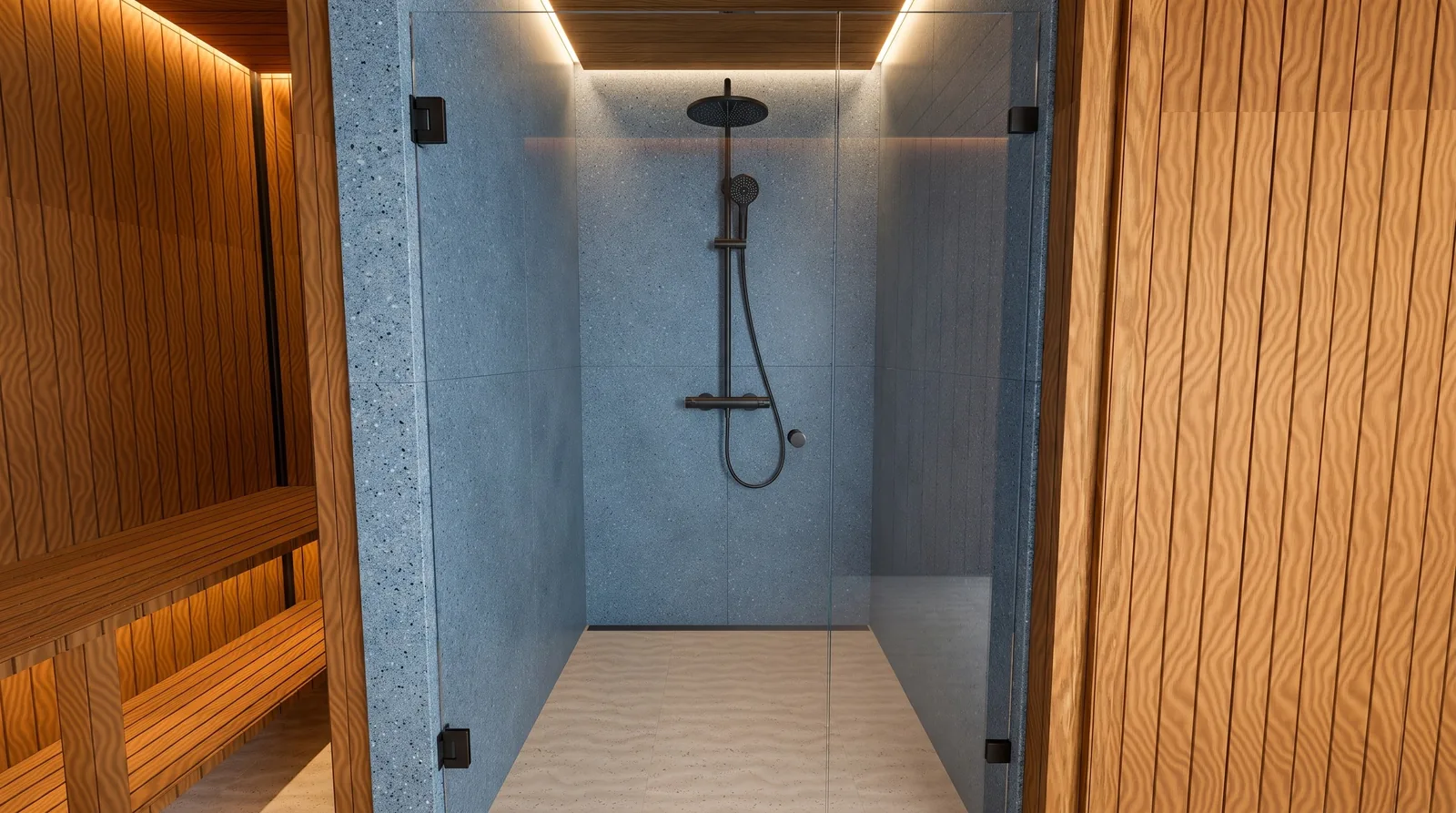 Shower lined with Rocko panels, next to the ribbed thermo-pine wall